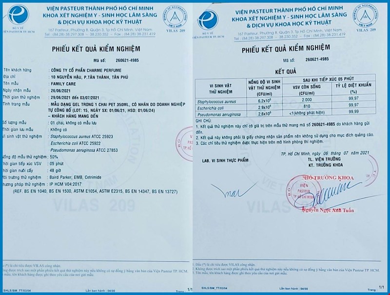 Giấy đạt chuẩn tỉ lệ diệt khuẩn do Viện Pasteur cấp chứng nhận