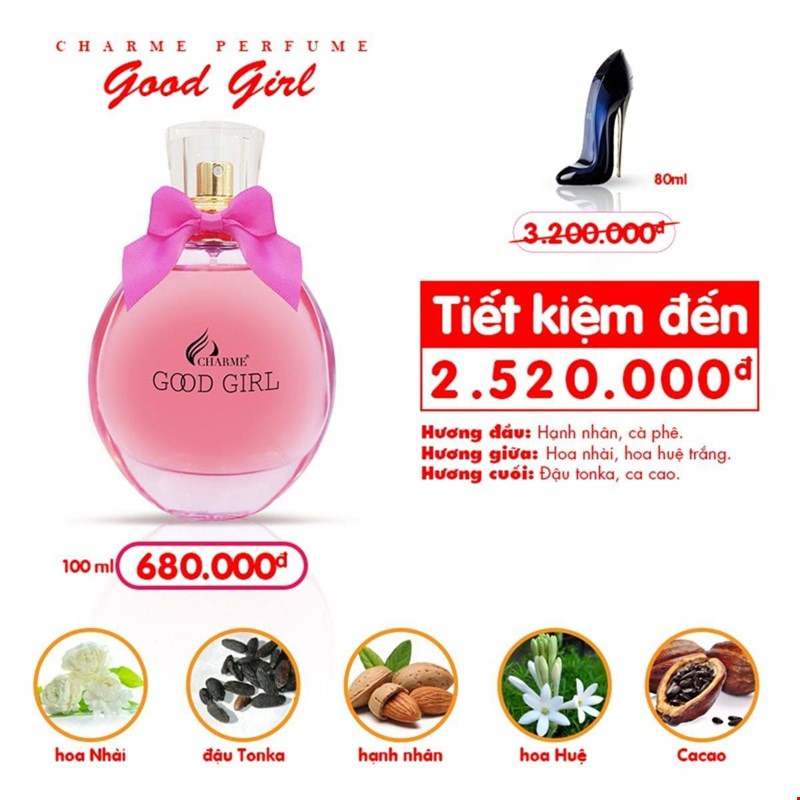 Thành phần tạo nên chai nước hoa Good Girl đầy cá tính, gợi cảm, quyến rũ, nổi bật và lôi cuốn.