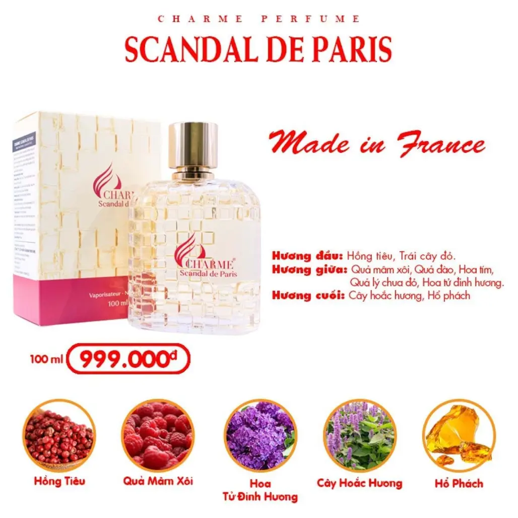 Charme Scandal de Paris tạo nên một loại nước hoa nhiều gia vị, sexy, vui tươi, mang màu sắc của lễ hội, từ thiết kế chai đến mùi hương.
